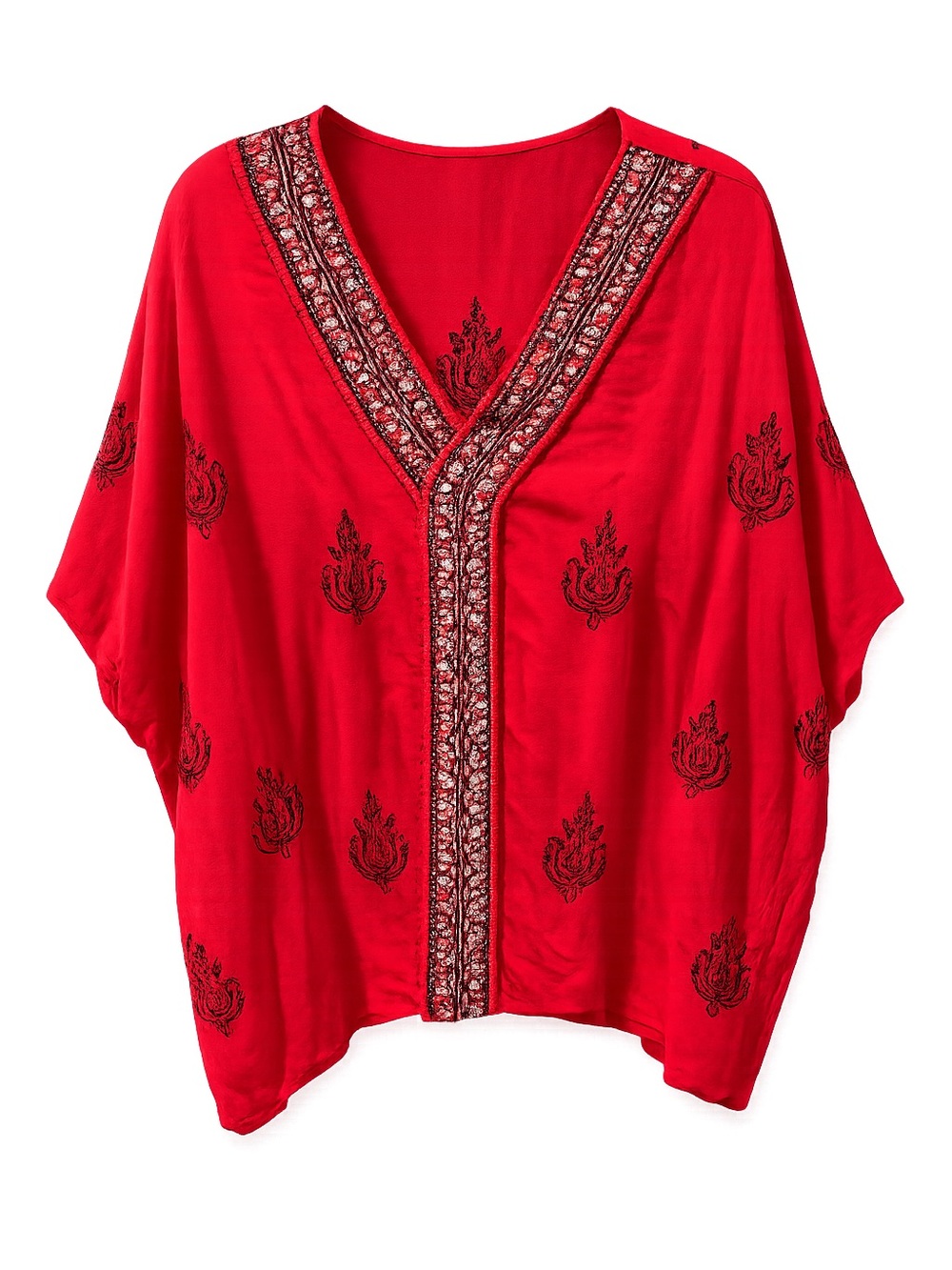Chico's Red Embroidered V-Neck Kimono Tunic